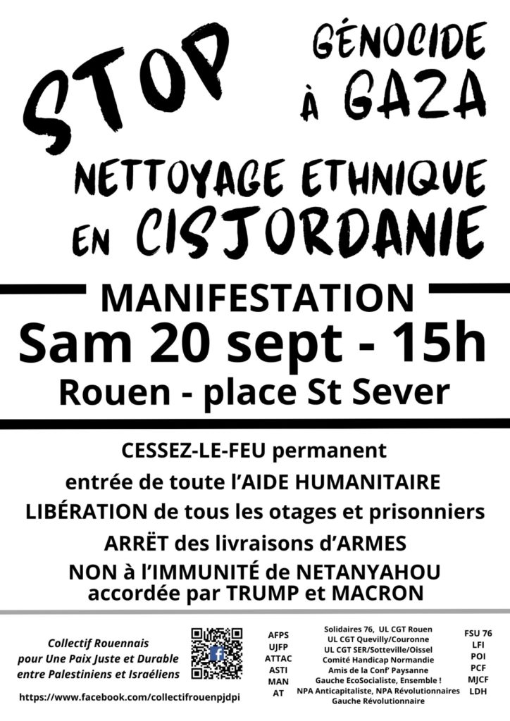 SAMEDI 20 SEPTEMBRE 2025 à 15h – ON NE S’HABITUERA NI A L’HORREUR NI A L’INJUSTICE NI AU MEPRIS DES DROITS HUMAINS